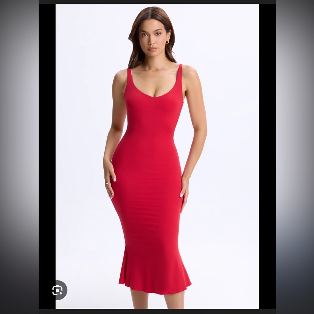 Oh Polly candy apple red, open back, midi dress